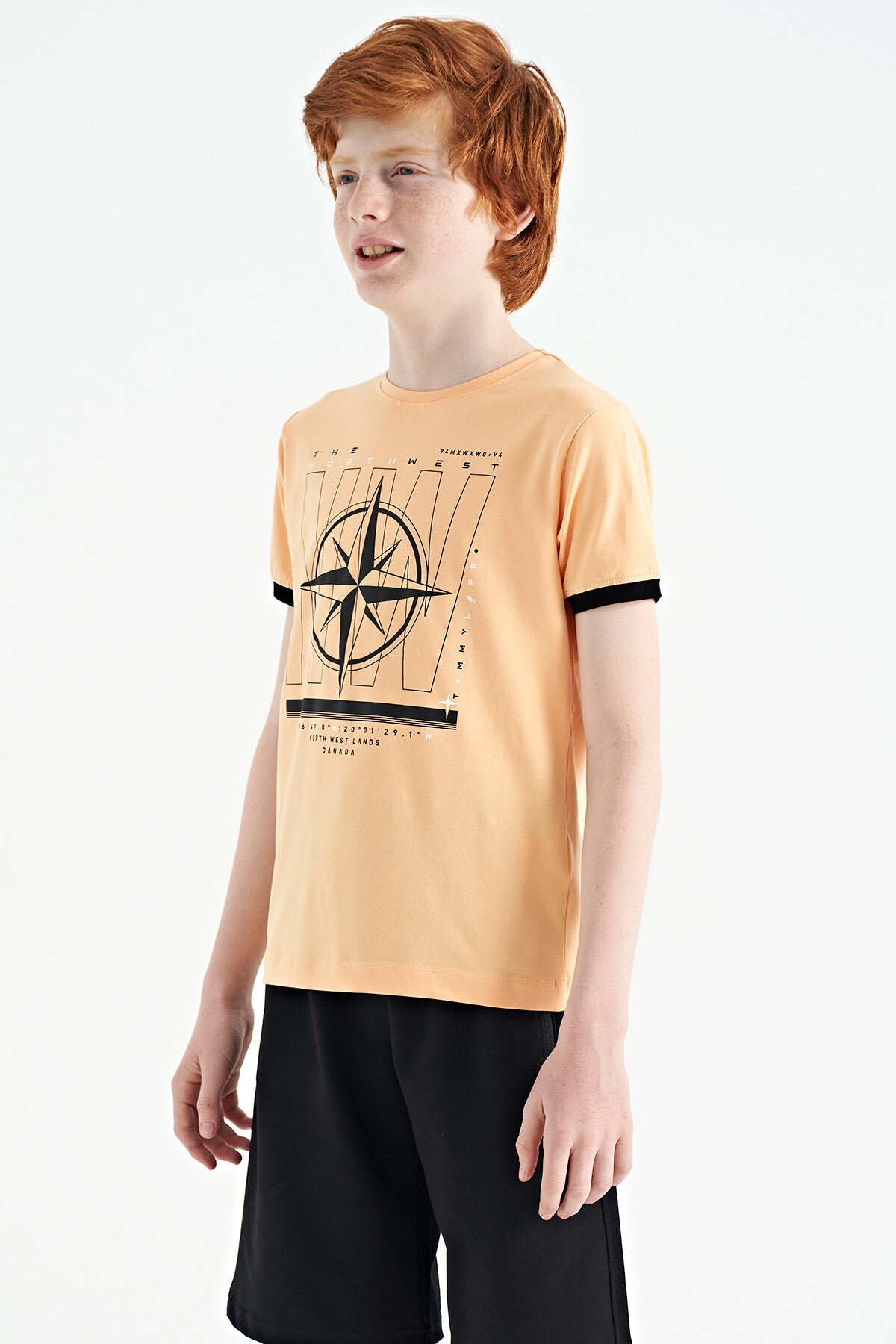 Melon Inner Compass Printed Standard Mold O Collar Boys T-Shirt - 11106