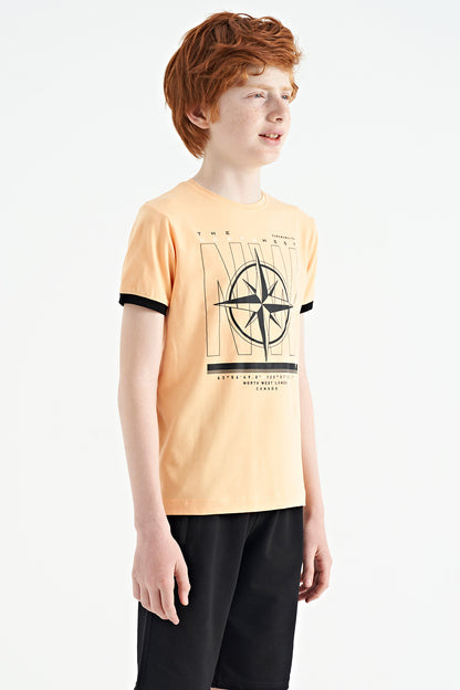 Melon Inner Compass Printed Standard Mold O Collar Boys T-Shirt - 11106