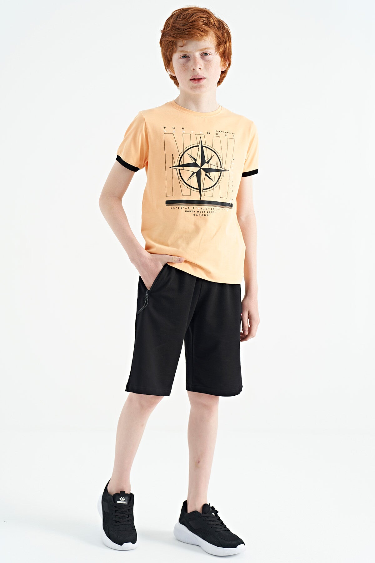 Melon Inner Compass Printed Standard Mold O Collar Boys T-Shirt - 11106