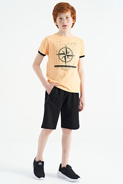Melon Inner Compass Printed Standard Mold O Collar Boys T-Shirt - 11106
