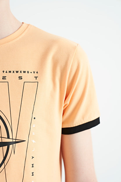 Melon Inner Compass Printed Standard Mold O Collar Boys T-Shirt - 11106