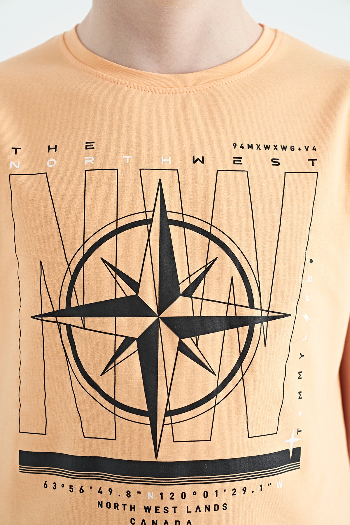 Melon Inner Compass Printed Standard Mold O Collar Boys T-Shirt - 11106
