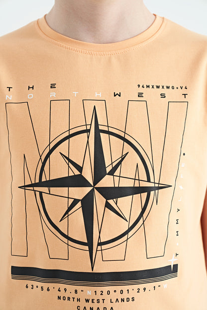 Melon Inner Compass Printed Standard Mold O Collar Boys T-Shirt - 11106
