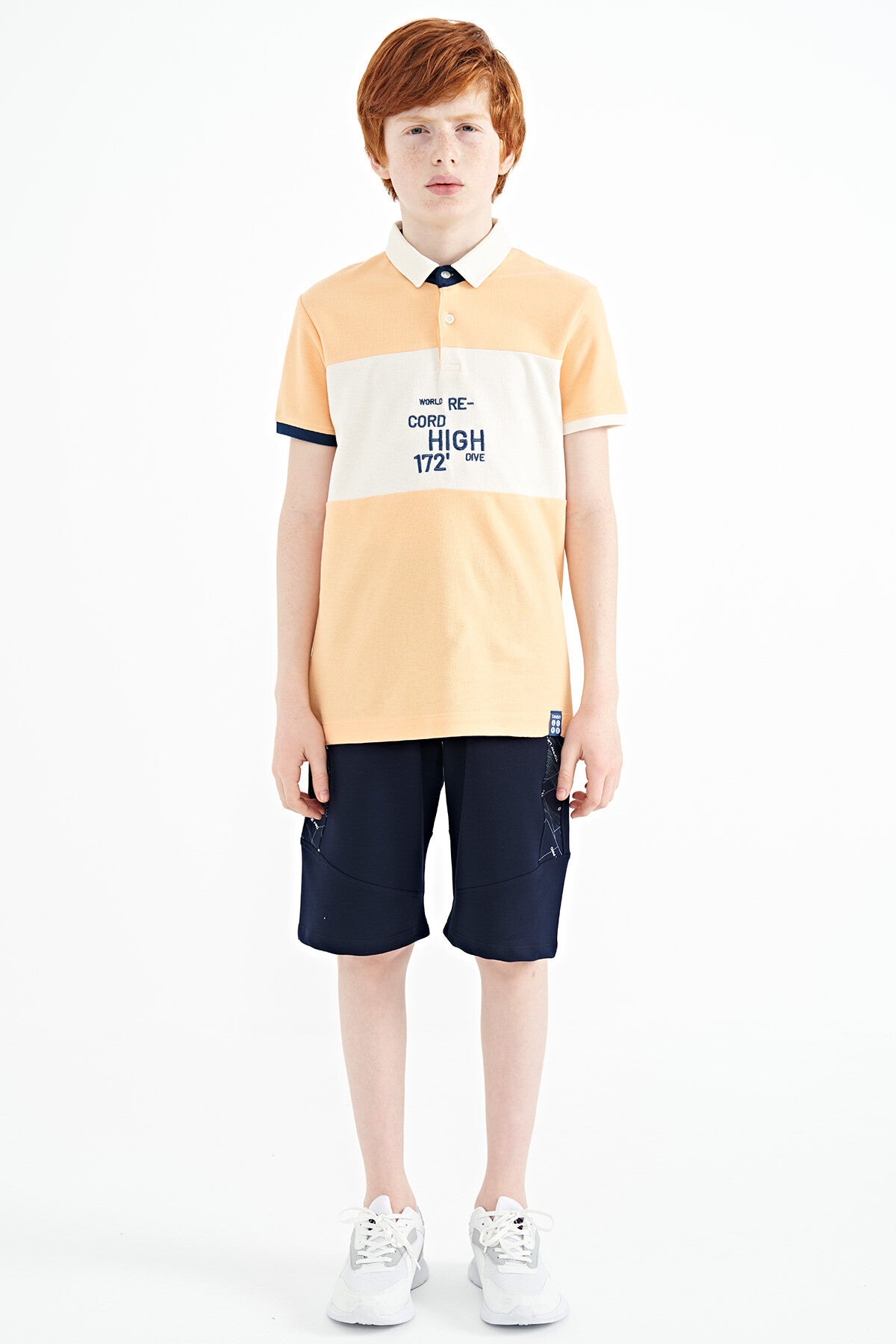 Melon Color Gradient Embroidered Detailed Standard Cut Polo Collar Boys T-Shirt - 11110