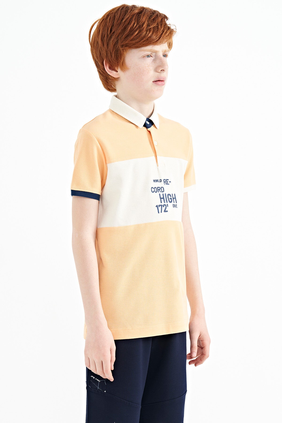 Melon Color Gradient Embroidered Detailed Standard Cut Polo Collar Boys T-Shirt - 11110