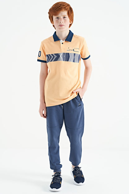 Melon Inner Striped Print Detailed Polo Collar Standard Cut Boys T-Shirt - 11162