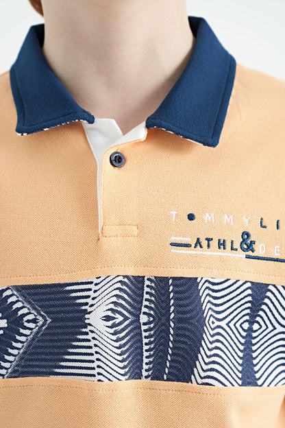 Melon Inner Striped Print Detailed Polo Collar Standard Cut Boys T-Shirt - 11162