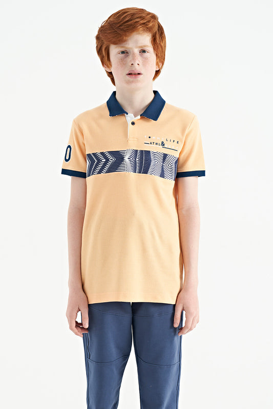 Melon Inner Striped Print Detailed Polo Collar Standard Cut Boys T-Shirt - 11162