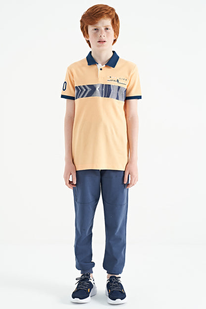 Melon Inner Striped Print Detailed Polo Collar Standard Cut Boys T-Shirt - 11162