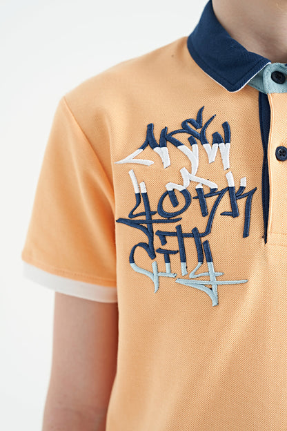 Melon Inner Writing Embroidery Detailed Standard Template Polo Collar Boys T-Shirt - 11085