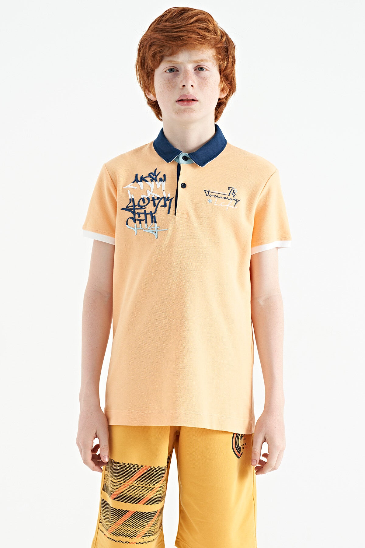 Melon Inner Writing Embroidery Detailed Standard Template Polo Collar Boys T-Shirt - 11085