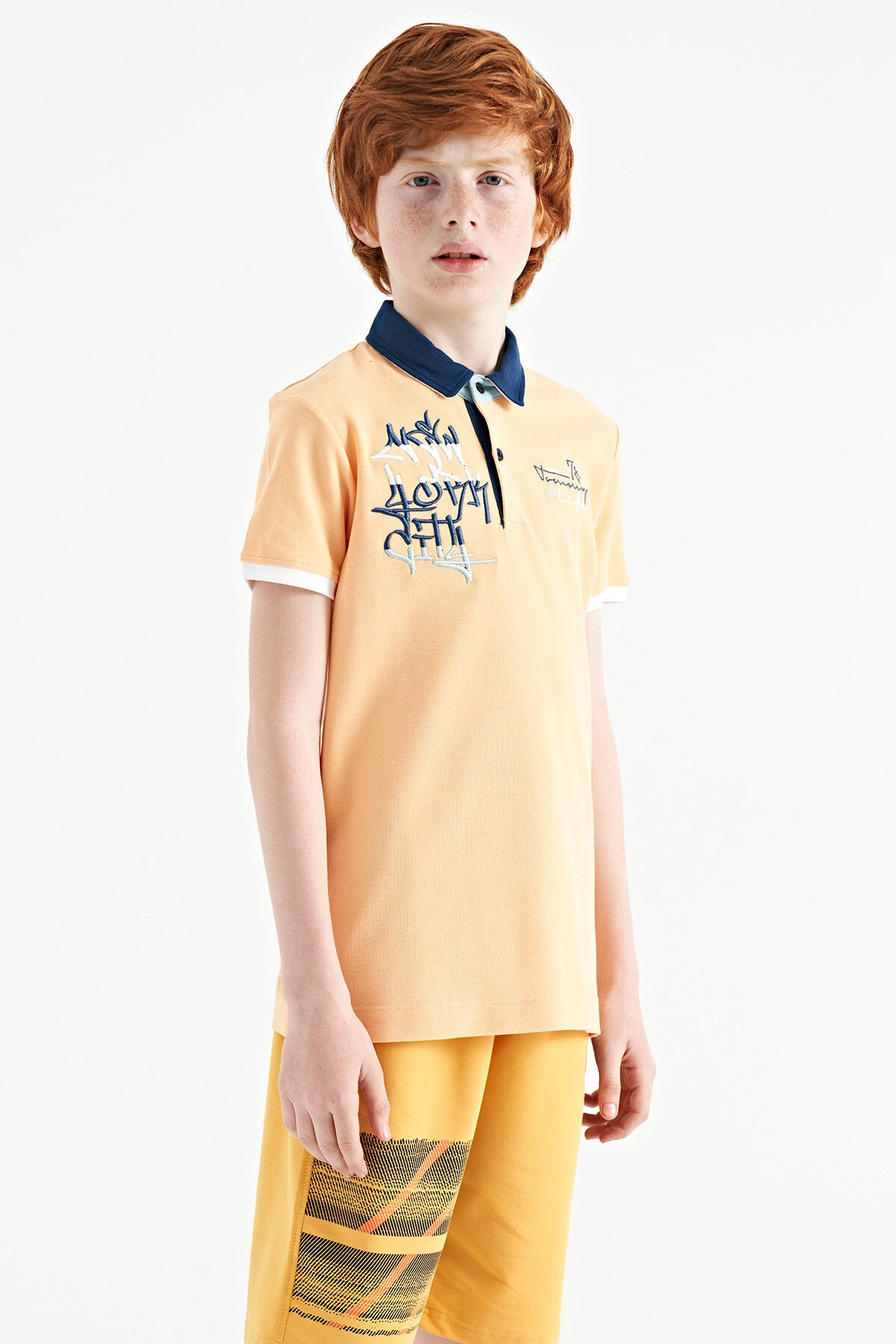 Melon Inner Writing Embroidery Detailed Standard Template Polo Collar Boys T-Shirt - 11085