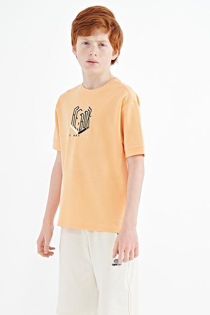 Melon Inside Letter Embroidered O Collar Oversize Boys T-Shirt - 11151
