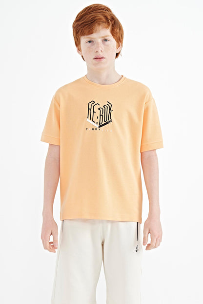 Melon Inside Letter Embroidered O Collar Oversize Boys T-Shirt - 11151