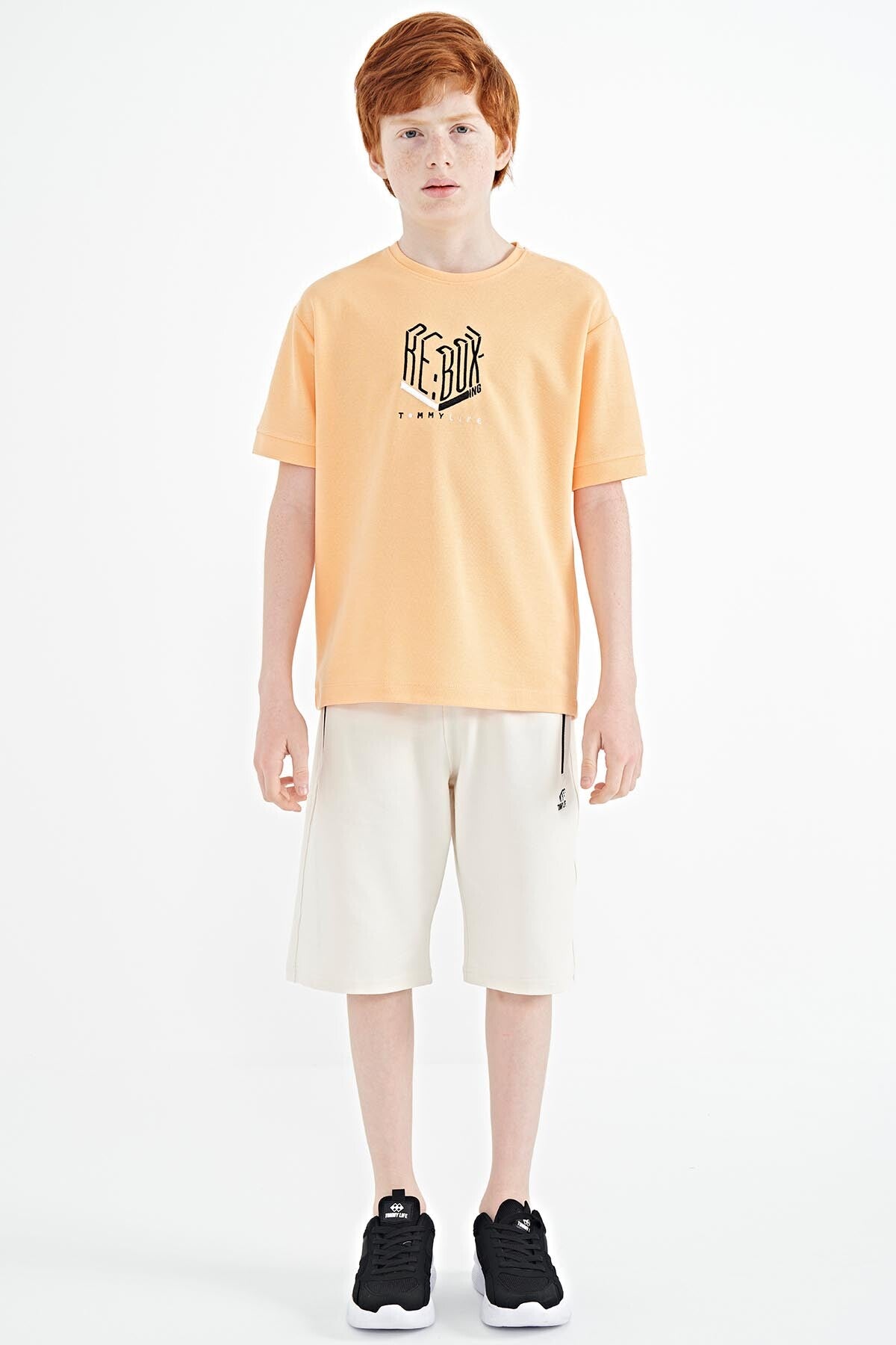Melon Inside Letter Embroidered O Collar Oversize Boys T-Shirt - 11151