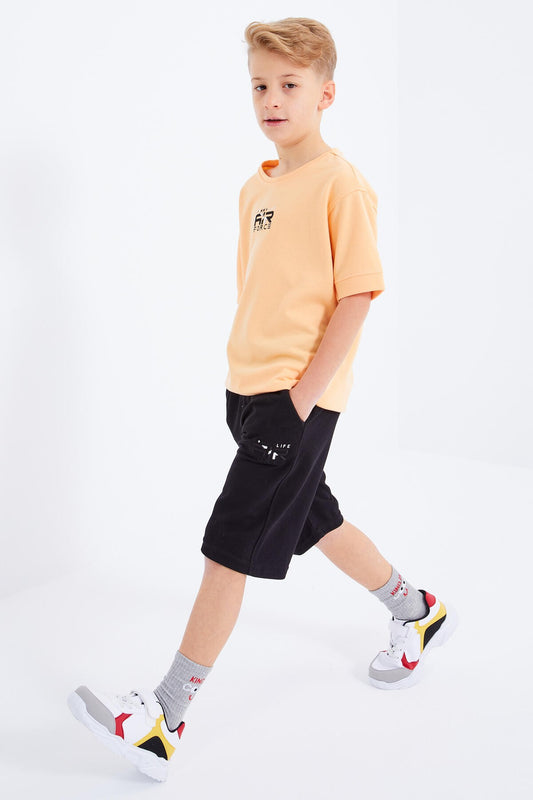 Melon Black Embroidered Oversize Boys' Shorts Set - 10897