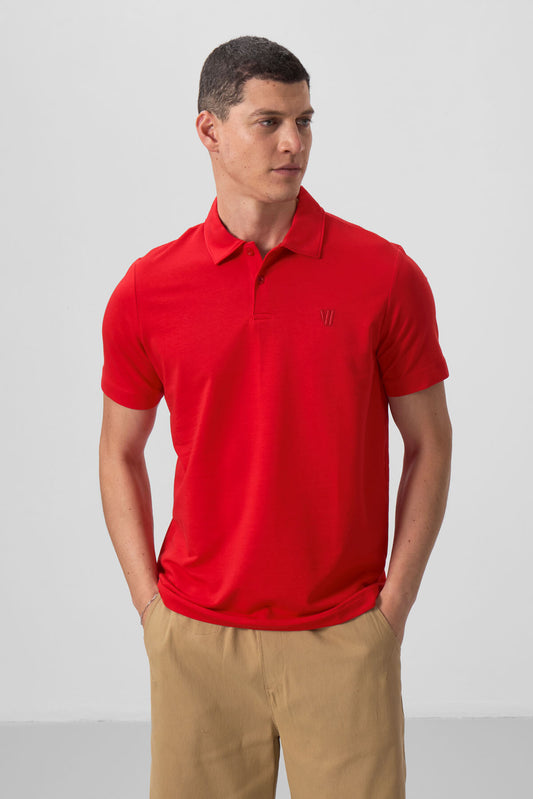 Red Basic Chest Logo Standard Fit Knitted Polo Collar Men's T-Shirt - 87768