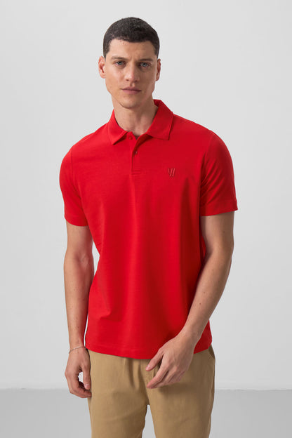 Red Basic Chest Logo Standard Fit Knitted Polo Collar Men's T-Shirt - 87768
