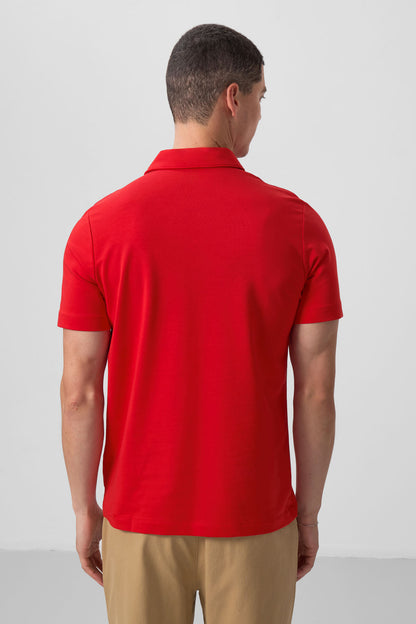 Red Basic Chest Logo Standard Fit Knitted Polo Collar Men's T-Shirt - 87768