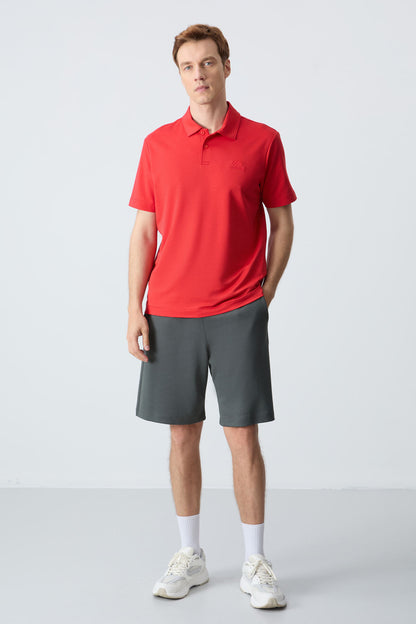 Red Basic Logo Standard Fit Knitted Polo Collar Men's T-Shirt - 87748