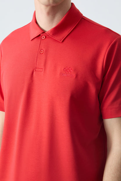Red Basic Logo Standard Fit Knitted Polo Collar Men's T-Shirt - 87748