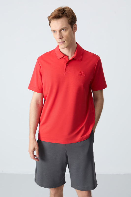Red Basic Logo Standard Fit Knitted Polo Collar Men's T-Shirt - 87748