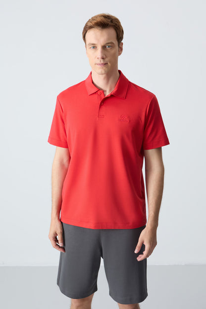 Red Basic Logo Standard Fit Knitted Polo Collar Men's T-Shirt - 87748