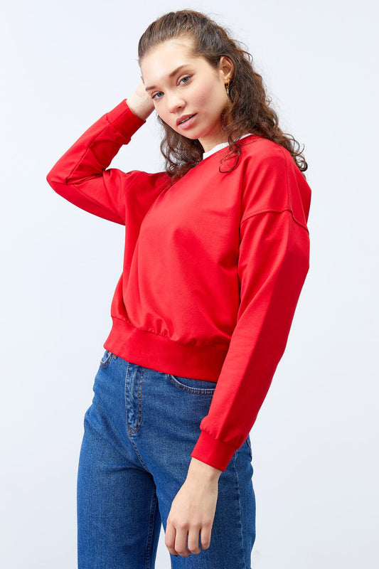Red Basic Comfort Fit O Neck Women's Sweatshirt - 97114