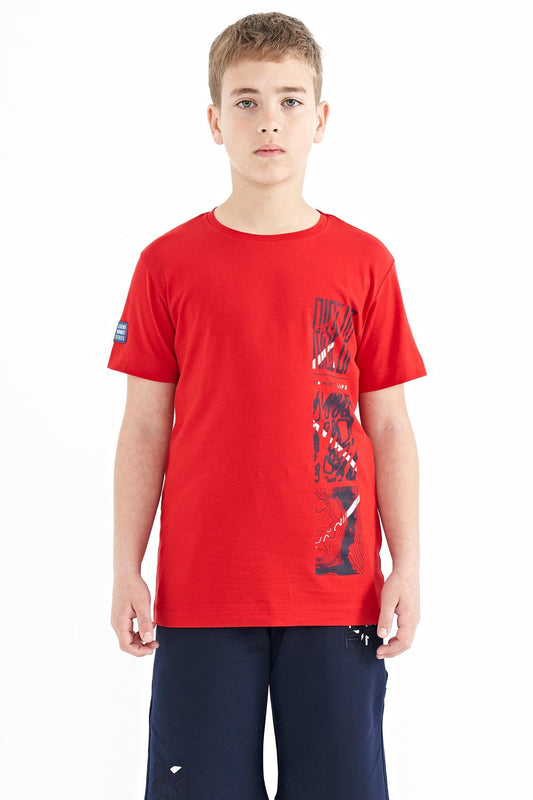 Red Print Detailed O Collar Standard Fit Boys T-Shirt - 11104