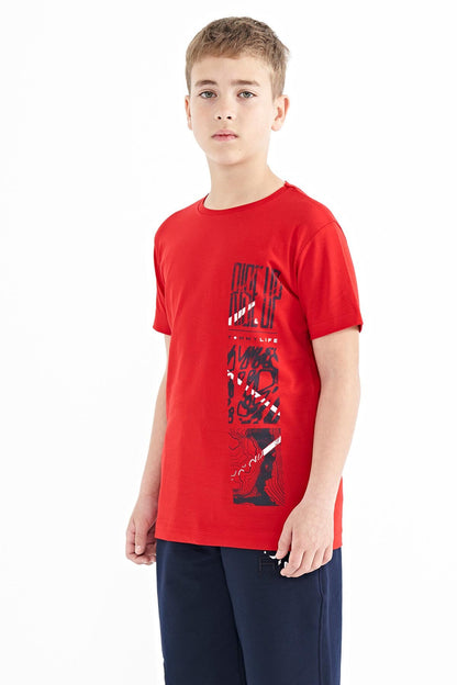 Red Print Detailed O Collar Standard Fit Boys T-Shirt - 11104