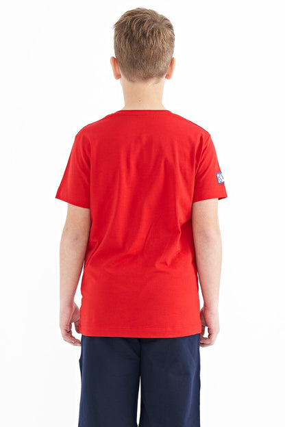Red Print Detailed O Collar Standard Fit Boys T-Shirt - 11104