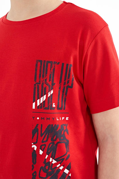 Red Print Detailed O Collar Standard Fit Boys T-Shirt - 11104