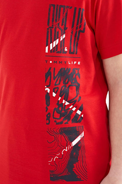 Red Print Detailed O Collar Standard Fit Boys T-Shirt - 11104