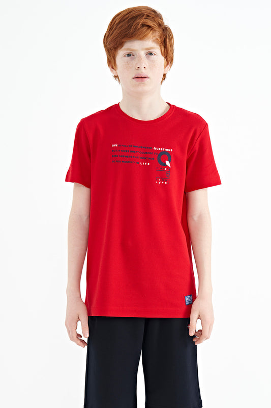 Red Print Detailed O Collar Standard Fit Boys T-Shirt - 11145