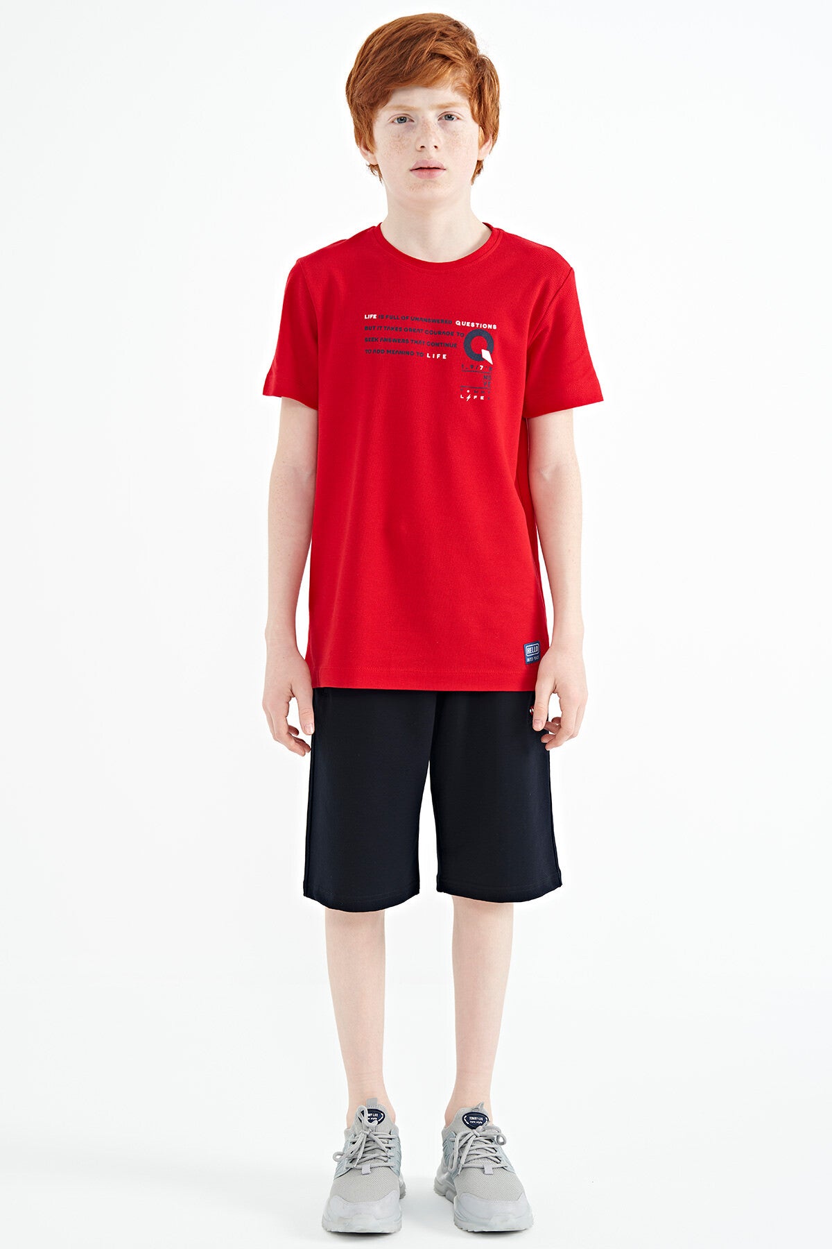 Red Print Detailed O Collar Standard Fit Boys T-Shirt - 11145