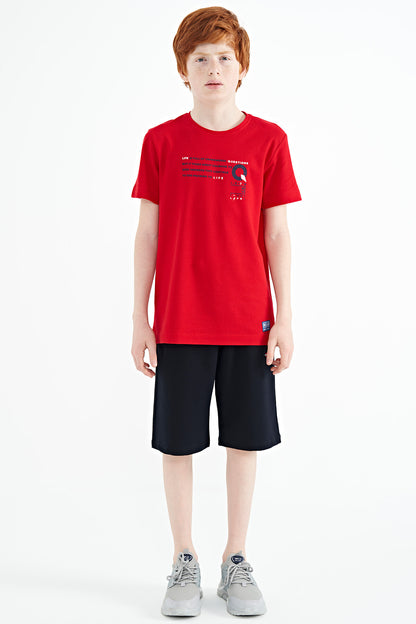 Red Print Detailed O Collar Standard Fit Boys T-Shirt - 11145