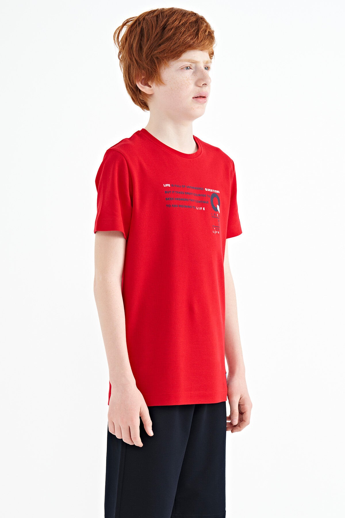 Red Print Detailed O Collar Standard Fit Boys T-Shirt - 11145