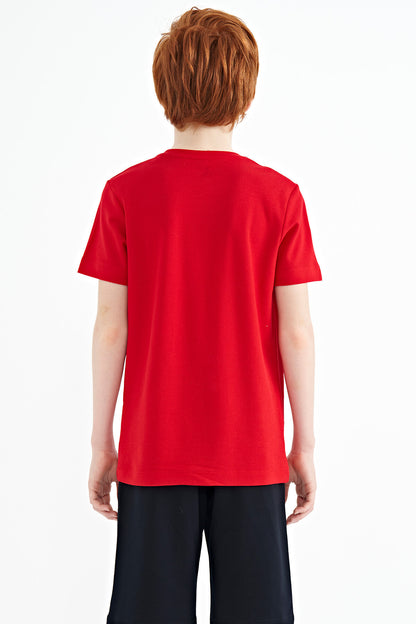 Red Print Detailed O Collar Standard Fit Boys T-Shirt - 11145