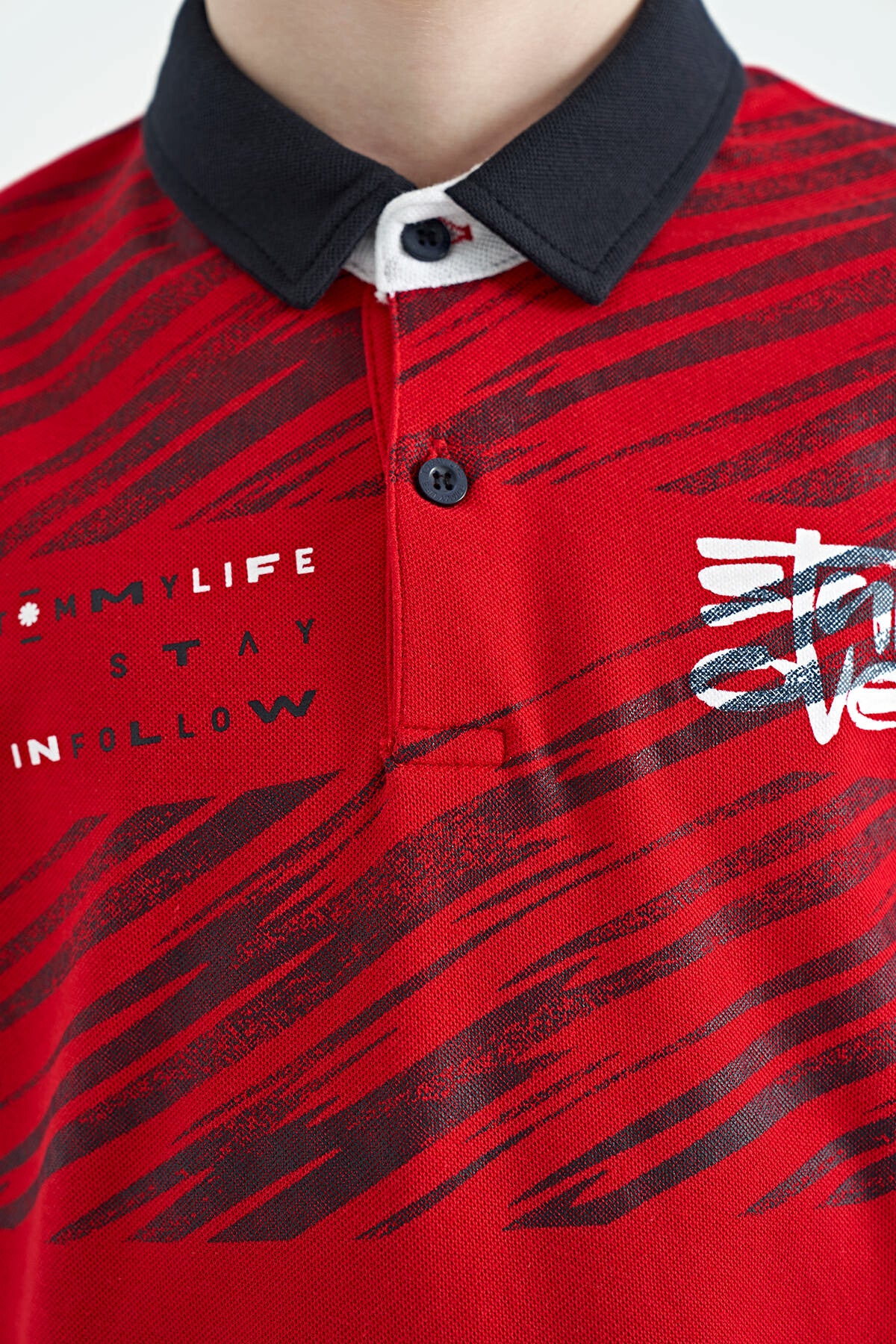 Red Print Detailed Polo Collar Standard Cut Boys T-Shirt - 11161