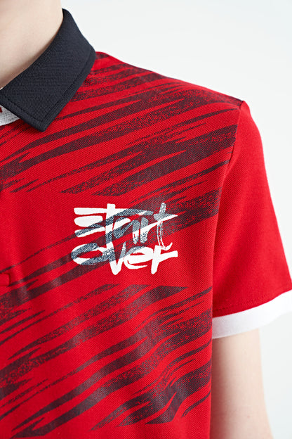 Red Print Detailed Polo Collar Standard Cut Boys T-Shirt - 11161