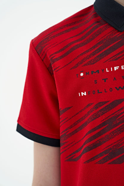 Red Print Detailed Polo Collar Standard Cut Boys T-Shirt - 11161