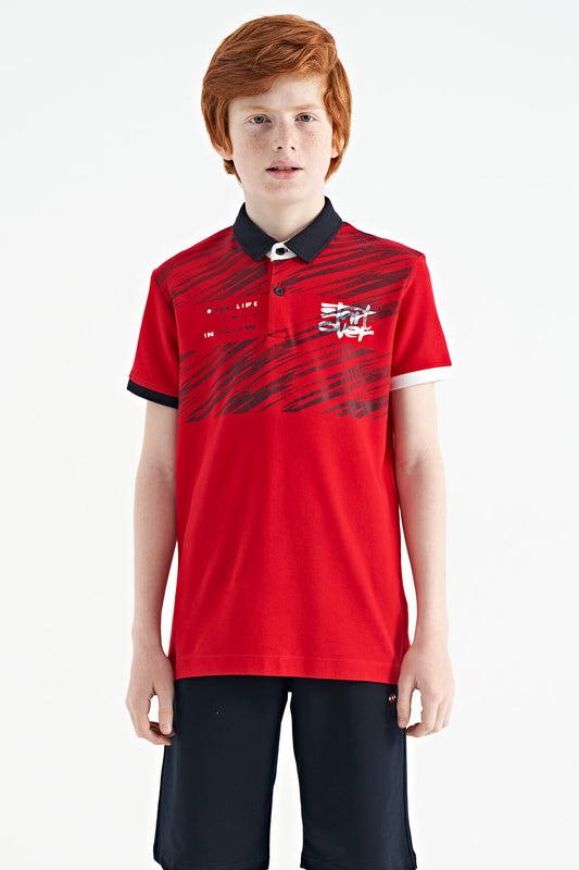 Red Print Detailed Polo Collar Standard Cut Boys T-Shirt - 11161