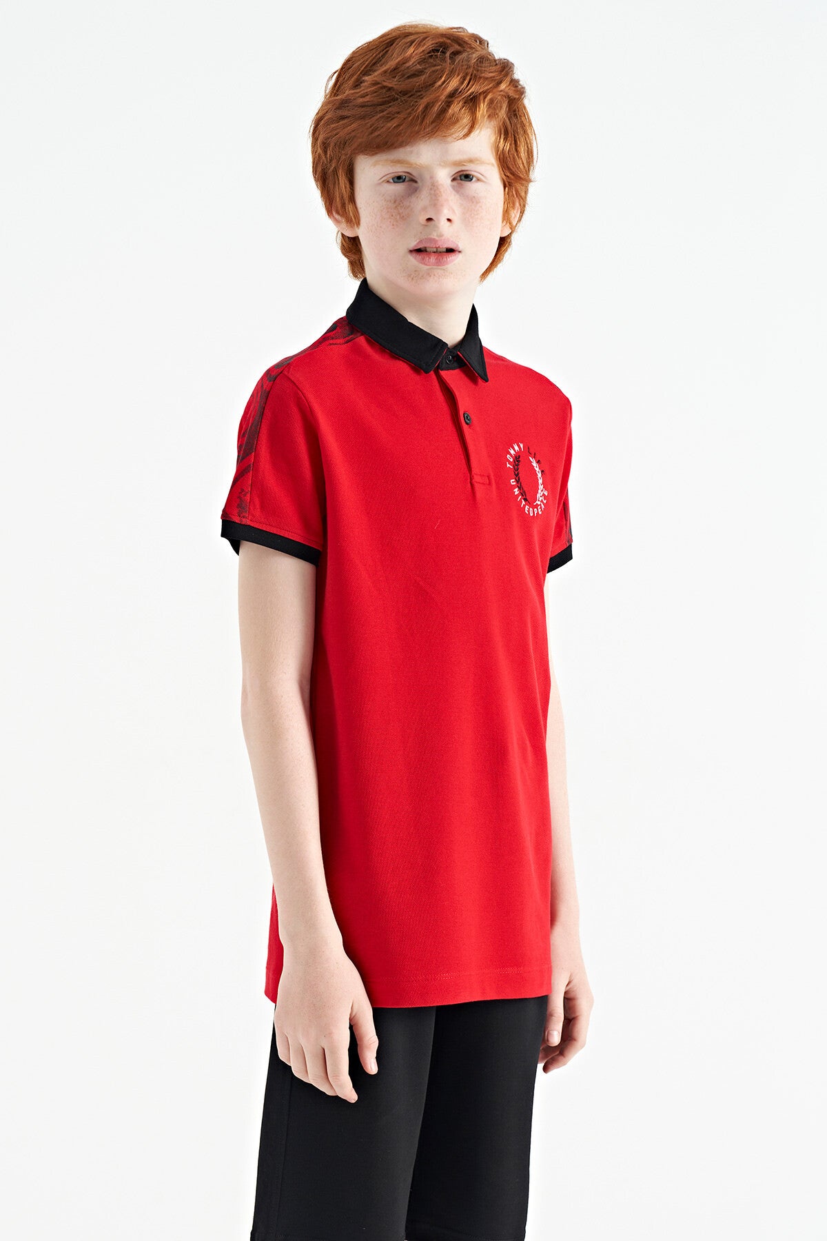 Red Print Detailed Polo Collar Standard Cut Boys T-Shirt - 11166