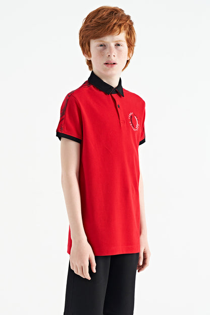Red Print Detailed Polo Collar Standard Cut Boys T-Shirt - 11166