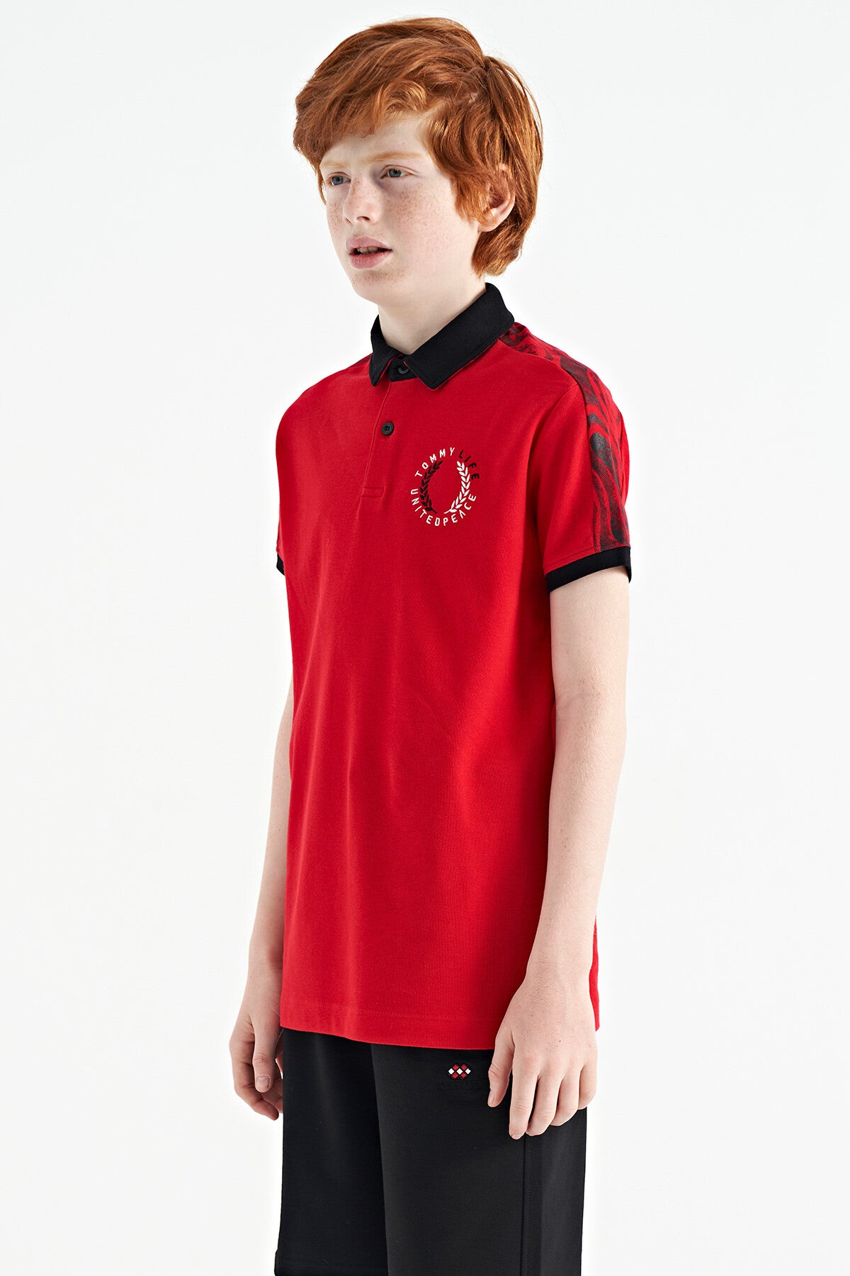 Red Print Detailed Polo Collar Standard Cut Boys T-Shirt - 11166
