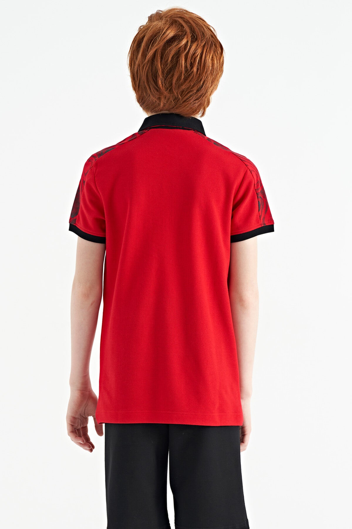 Red Print Detailed Polo Collar Standard Cut Boys T-Shirt - 11166