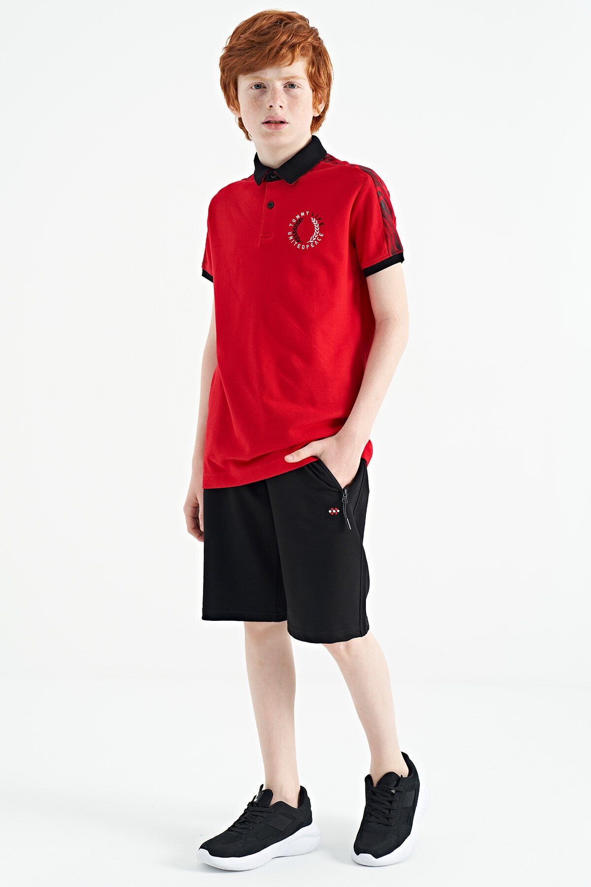 Red Print Detailed Polo Collar Standard Cut Boys T-Shirt - 11166