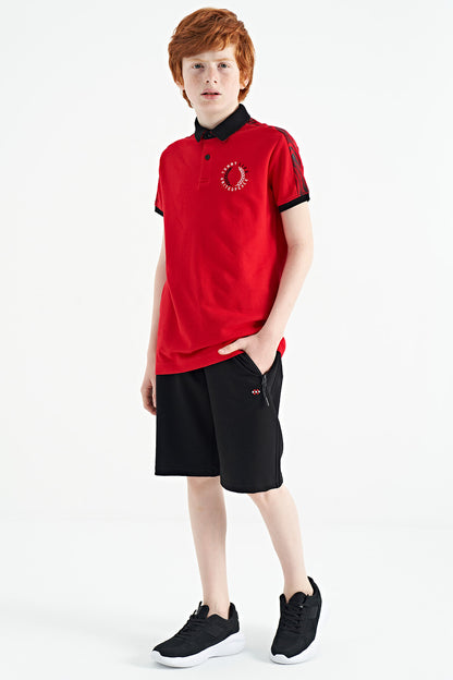 Red Print Detailed Polo Collar Standard Cut Boys T-Shirt - 11166