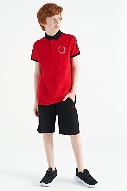 Red Print Detailed Polo Collar Standard Cut Boys T-Shirt - 11166