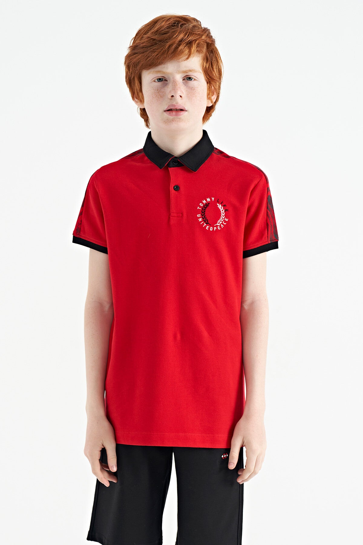 Red Print Detailed Polo Collar Standard Cut Boys T-Shirt - 11166
